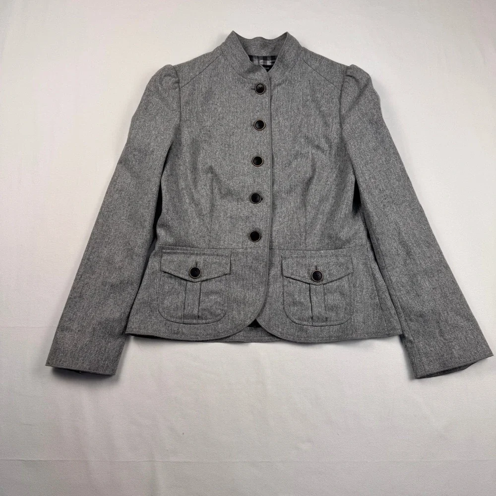 Vintage Banana Republic Jacket Women 10 Gray Wool Blend Military Puff Sleeve